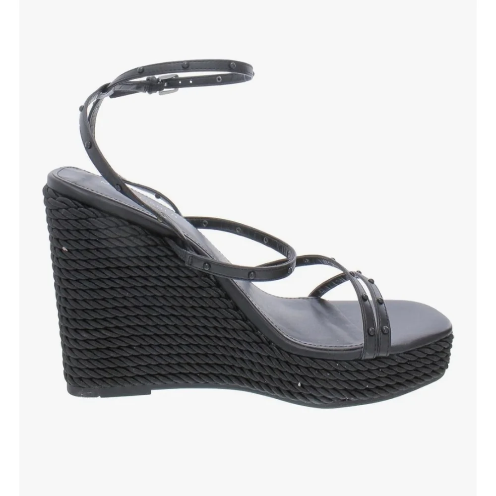 Marc Fisher Faux Leather Studded Espadrille Wrapped Rope Platform 9.5 M BLACK